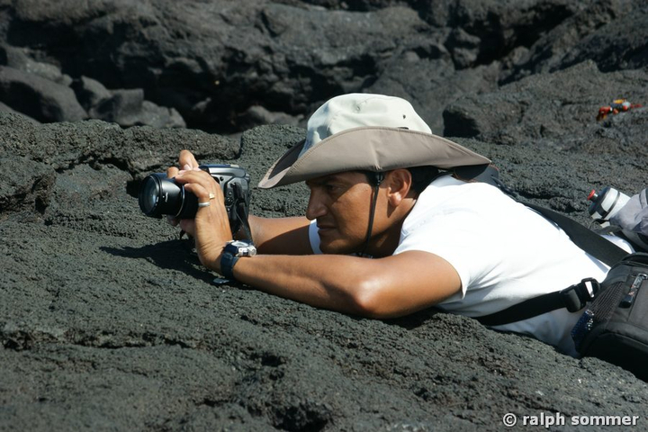Naturführer auf Fotopirsch auf Fernandina, Galapagos