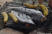 Fisch und Bratbananen auf Grillrost in Ecuador