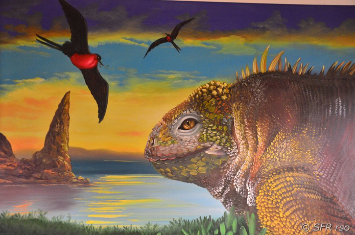 Gemälde Galapagos Echse und Vögel, Ecuador