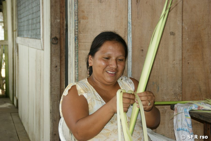 Frau trennt Chambira Palmwedel in Ecuador