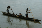 Indigene Kinder mit Holz Kanu paddeln auf dem Rio Napo in Ecuador