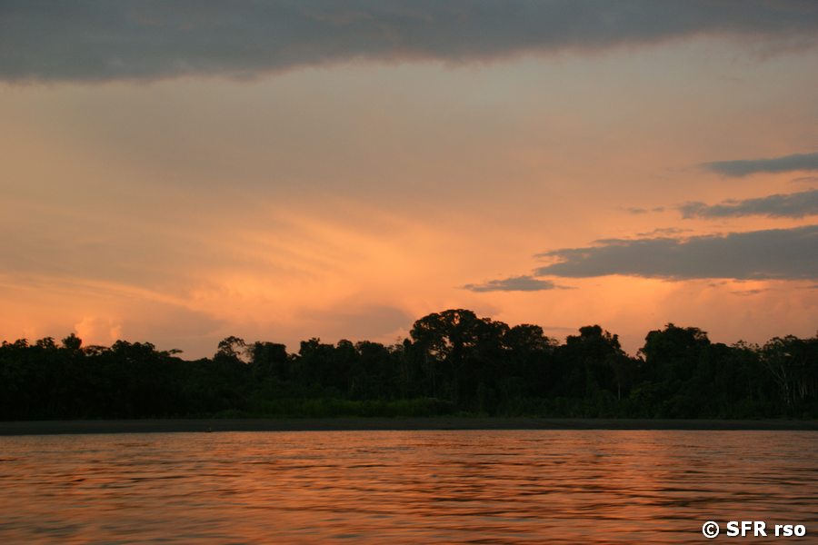 Sonnenuntergang am Río Napo, Ecuador