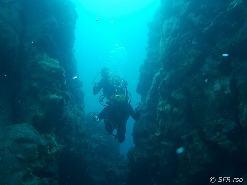 Tauchen durch einen Felsenkanal vor den Galápagos Inseln